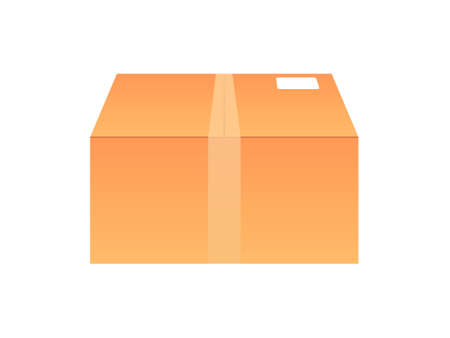 Closed, packed postal box with scotch tape and label isolated on white background. Filled, empty, brown isometric delivery parcel post. Shipping.のイラスト素材