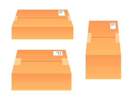 Set of closed, packed postal box with scotch tape and label isolated on white background. Filled, empty, brown isometric delivery parcel postのイラスト素材