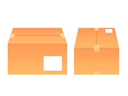 Set of closed, packed postal box with scotch  and label isolated on white background. Filled, empty, brown isometric delivery parcel postのイラスト素材