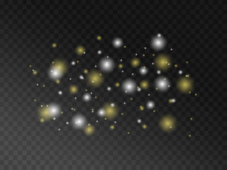 Yellow sparks and golden stars shine with special light. Vector dust particles on a transparent background. Christmas light effect. Sparkling magical dust particles.のイラスト素材