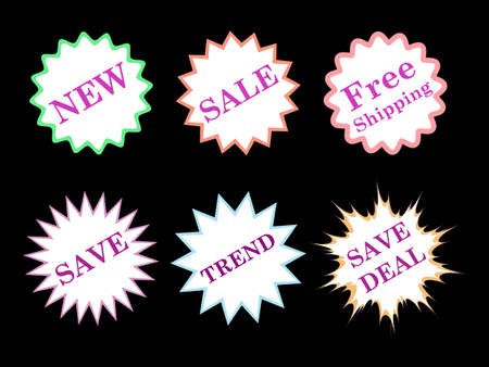 Set of simple white vector price tag badge within color outline. Icons on black background. Simple flat style stickers. Vintage labels. Stock illustrationのイラスト素材