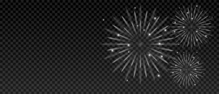 White fireworks with wide dark copy space isolated on transparent. Greeting card Happy New Year or Christmas Night fireworks.のイラスト素材