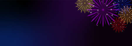 Colorful fireworks Greeting card or web banner with wide dark copy space on black or blue. Happy New Year, Christmas, Birthdayのイラスト素材