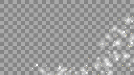 Gold glittering star dust trail sparkling particles isolated on transparent background. Vector white glitter wave abstract illustration. Light glow effect stars bursts with sparkles.のイラスト素材