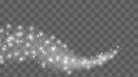 Gold glittering star dust trail sparkling particles isolated on transparent background. Vector white glitter wave abstract illustration. Light glow effect stars bursts with sparkles.のイラスト素材