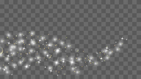 Gold glittering star dust trail sparkling particles isolated on transparent background. Vector white glitter wave abstract illustration. Light glow effect stars bursts with sparkles.のイラスト素材