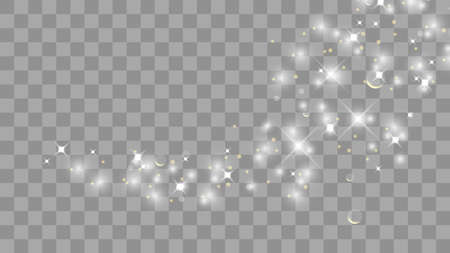 Gold glittering star dust trail sparkling particles isolated on transparent background. Vector white glitter wave abstract illustration. Light glow effect stars bursts with sparkles.のイラスト素材