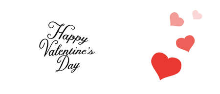 Happy Valentines day wide white greeting card with calligraphy hand written text. Red heart shape vector icons.のイラスト素材