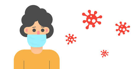 Coronavirus, COVID-19. Man in protective medical masks against a background of virus, bacteria and microorganisms. Flat vector.のイラスト素材