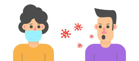 Coronavirus quarantine violation penalties. Social distanting. Man in protective medical mask and without. Virus, bacteria and microorganisms. COVID-19. Flat vector.のイラスト素材