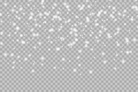 Vector falling snow overlay. Realistic shining snowfall background for Christmas banner of winter collection decoration isolated on transparent. Stock illustration.のイラスト素材