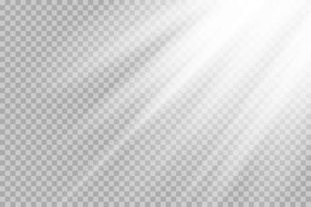Shining sun glare rays, lens flare vector illustration. Sunlight glowing png effect. White beam sunrays sky backgroundのイラスト素材