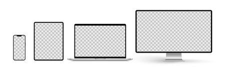 A set of isolated smart devices with blank screen: smartphone, tablet, laptop and desktop. Stock royalty free vector illustrationのイラスト素材