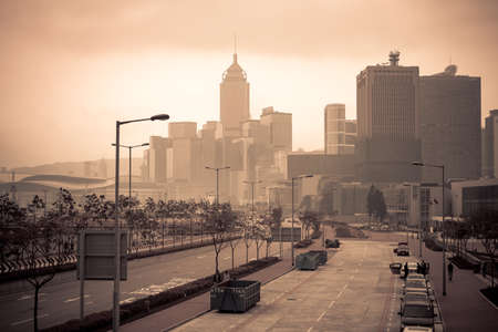Hong Kong, China - scenic aerial view of cityscape of landmark buildings along the Lung Wo Road, a road between Central and Wan Chai district in Hong Kong island.のeditorial素材
