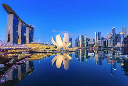 MARINA BAY, SINGAPORE â 5/25/2014: Cityscape of the Singapore business building Singapore City, View from the infinity pool at Marina Bay Sands, The Art Science Museum &  Helix Bridge at nightのeditorial素材