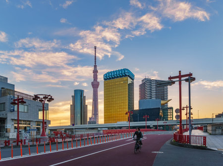 Tokyo, Japan 2/11/17: Azuma-bashi Bridge is lacated on the opposite side of Sensoji temple with...