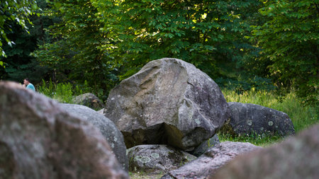Huge stones, boulders lie in the forest parkの写真素材