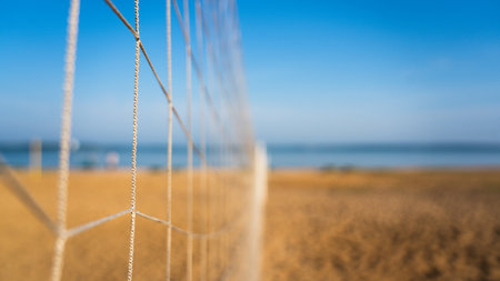 Volleyball net near. Volleyball court on the beach overlooking the seaの写真素材