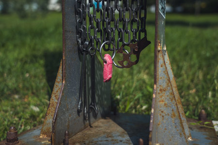 Tools, wrenches are suspended by chains for bike repair