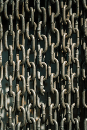 Chains background. Vertically hanging chains on a lawn backgroundの写真素材