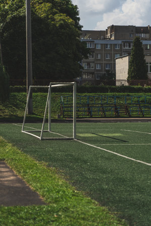 Football gates at the school stadium. Football fieldの写真素材