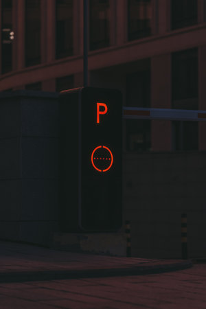 Parking post with a barrier at the entrance to the business center late at nightの写真素材