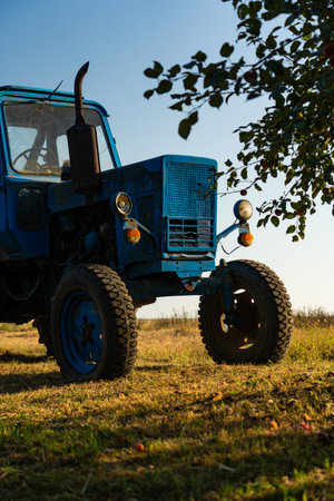 A blue, old tractor with a trailer stands near a field in the village. Morningの写真素材