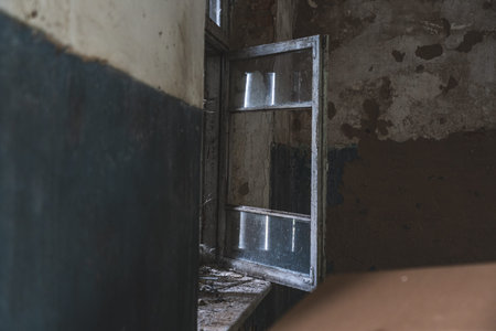 The open window of an old, abandoned, village store