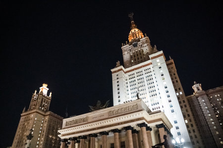 Moscow State University building in Moscow. The night, the stars, the moonの写真素材