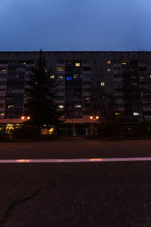 Panel, Soviet, multi-storey house in the evening in Minskの写真素材