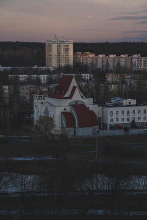 View of the church from above. A view of the city of Minsk from above at sunsetの写真素材
