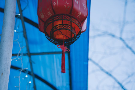 Chinese flashlight at the entrance to the store. Red Chinese Flashlight. High quality photoの写真素材