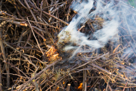A burning pile of dry branches. A strong bonfire flame. Bonfire in the village. Village life. High...