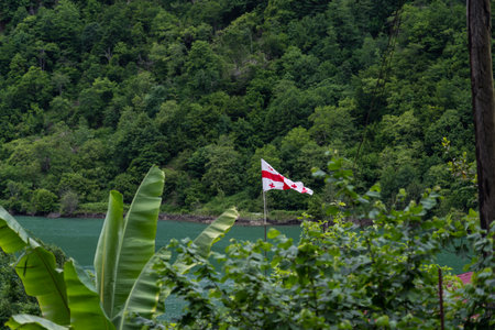 The Georgian flag in the distance by the Chorukh River. High quality photoの写真素材