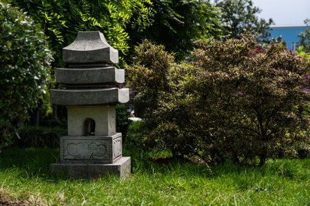 Japanese Zen Garden in Batumi. Asian Monument. Japanese garden stone lampの写真素材