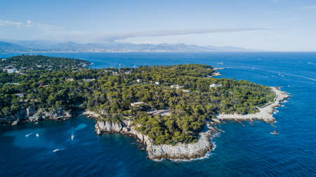 Aerial drone shot of cap dAntibe in summer, near Nice, cote dazur, South Franceの写真素材