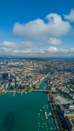 Beautiful aerial drone view of Zurich city and lake, during summer time, in Switzerlandの写真素材