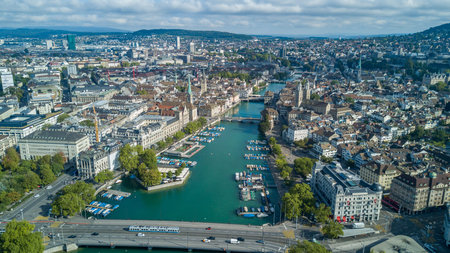 Beautiful aerial drone view of Zurich city and lake, during summer time, in Switzerlandの写真素材