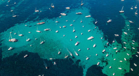 Overhead aerial drone view of yachts in mediterranean sea in summer sunny day near Nice, cote dazur, south Franceの写真素材