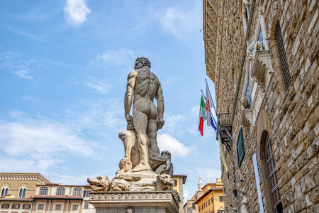 Florence, Italy - August 25, 2018: Back side of Michelangelos statue David in Piazza della Signoria