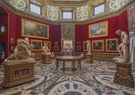 Florence, Italy - August 25: interior and arts of Uffizi Gallery art museum near Piazza della Signoriaのeditorial素材