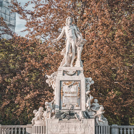 Vienna, Austria - April 27,2019: Mozart Statue in Mozart Monumentのeditorial素材