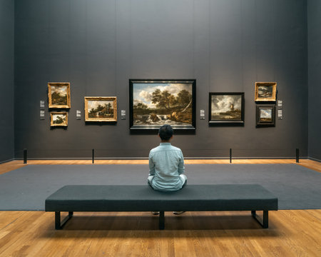 Amsterdam, Netherlands - July 20, 2019: Art lover admire the painting in Rijksmuseum
