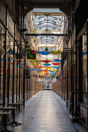 Paris, France - August 25,2019: Passage du Grand-Cerf with no tourists near quartier Montorgueilのeditorial素材