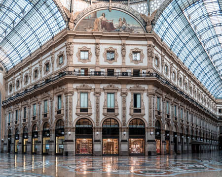Milan, Italy - August 3,2019: Facade of boutiques in Galleria Vittorio Emanuele, near Milano Duomoのeditorial素材