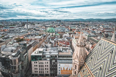 View of Peterskirche dom from the top of Stephansdom in the historic old town of Vienna, Austriaのeditorial素材