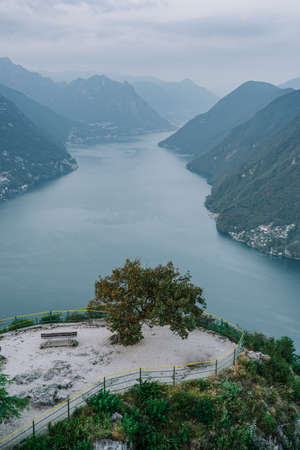 Observatory on top of Monte Salvatore with view of Lugano Lake, monte bre, Caprino, Swiss Italian boderlineの写真素材