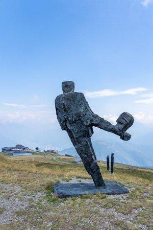 Ticino, Switzerland - August 5, 2019: black stone sculpture oversee lake and Alpe Foppa on top of Monte Tamaroのeditorial素材