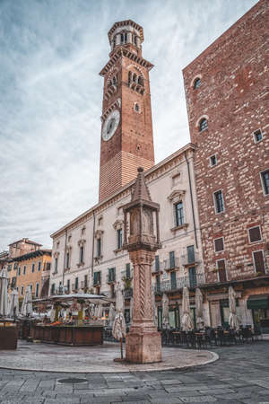 Verona, Italy - August 7, 2019: Torre dei lamberti tower at Piazza delle Erbeのeditorial素材