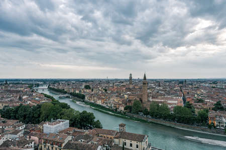 View from Castel Pietro of Verona City skyline with Adige river and SantAnastasia churchの写真素材